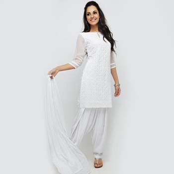 Off White Georgette Cap Sleeve Kurta and Churidar Unstitched Set For Women's 1