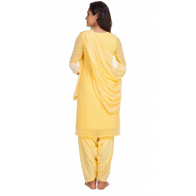 Yellow Cap Sleeve Kurta and Churidar Unstitched Set For Women