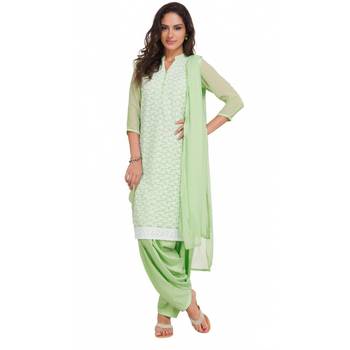 Green Georgette Cap Sleeve Kurta and Churidar Unstitched Set For Women's 1