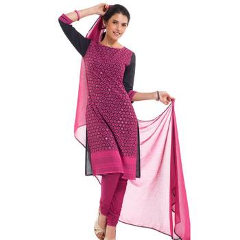 Black Georgette Cap Sleeve Kurta and Churidar Unstitched Set For Women's 1