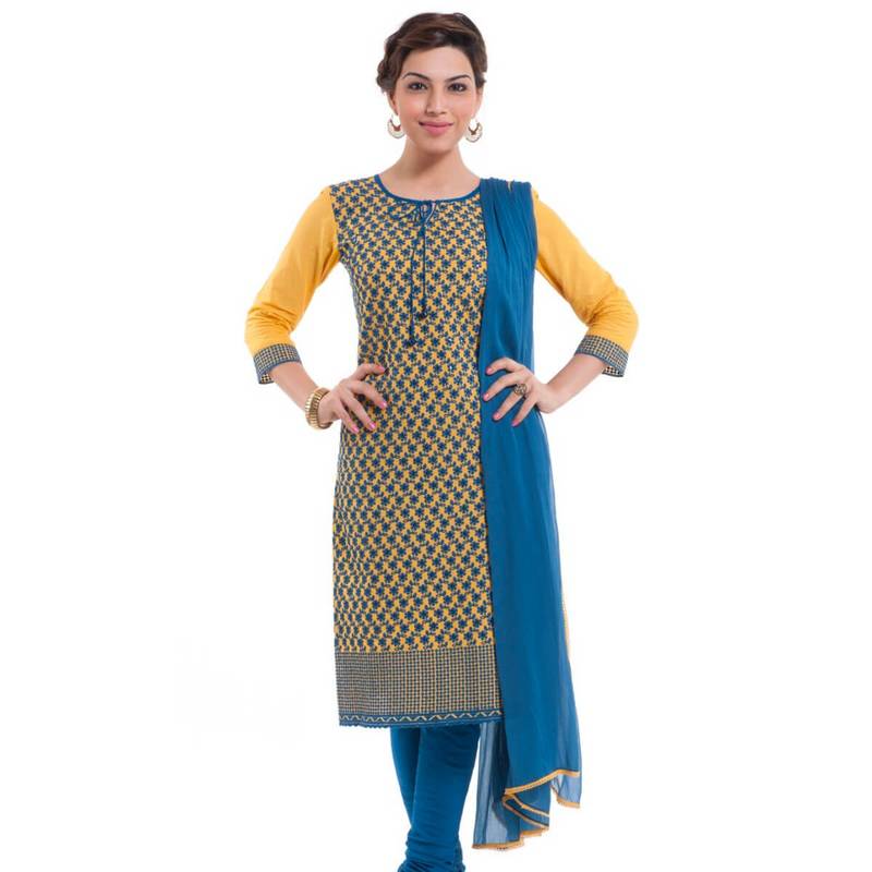 Yellow Cap Sleeve Kurta and Churidar Unstitched Set For Women