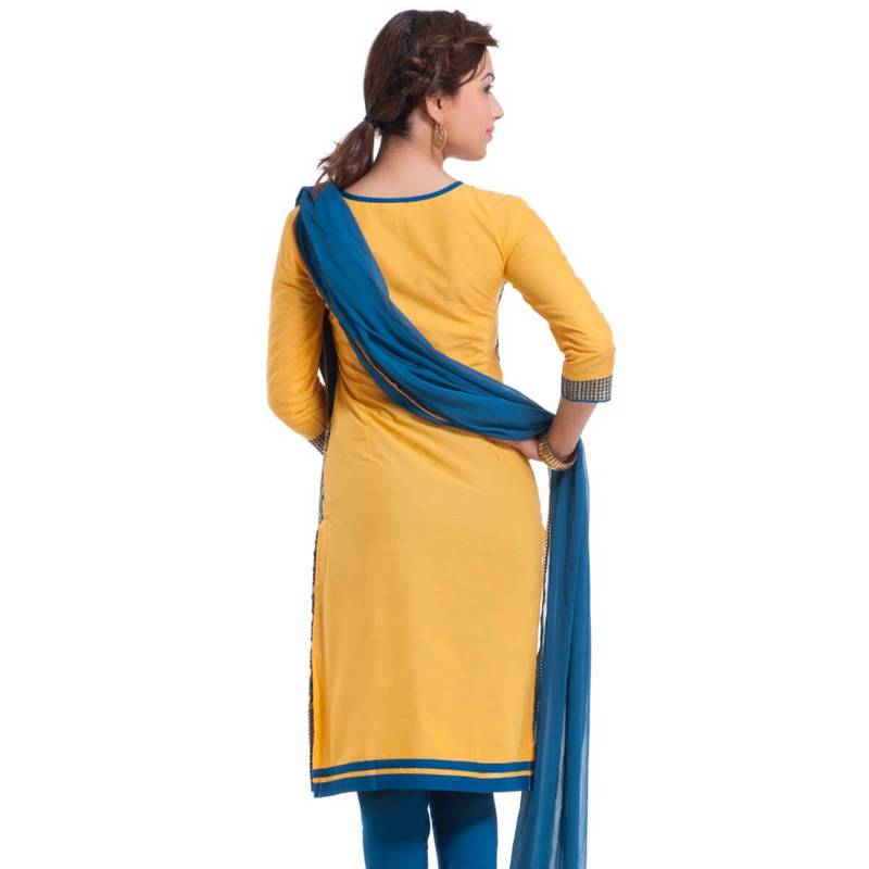 Yellow Cap Sleeve Kurta and Churidar Unstitched Set For Women