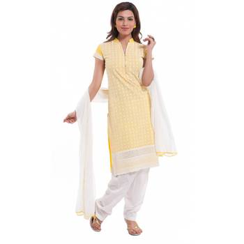Yellow Georgette Cap Sleeve Kurta and Churidar Unstitched Set For Women's 1
