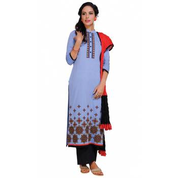 Blue Chambray Cap Sleeve Kurta and Churidar Unstitched Set For Women's 1