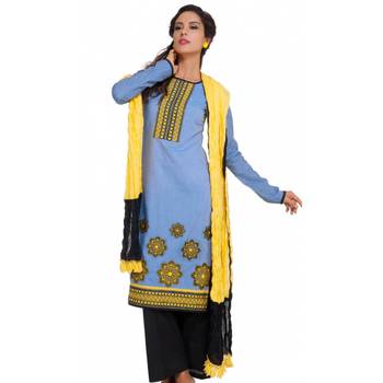 Blue Chambray Cap Sleeve Kurta and Churidar Unstitched Set For Women's 1