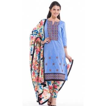 Blue Chambray Cap Sleeve Kurta and Churidar Unstitched Set For Women's 1