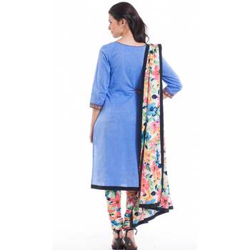 Blue Chambray Cap Sleeve Kurta and Churidar Unstitched Set For Women's 2