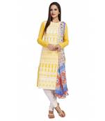 Yellow Cambric Cap Sleeve Kurta and Churidar Unstitched Set For Women's