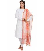 White Georgette Cap Sleeve Kurta and Churidar Unstitched Set For Women's