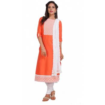 Orange Georgette Cap Sleeve Kurta and Churidar Unstitched Set For Women's 1