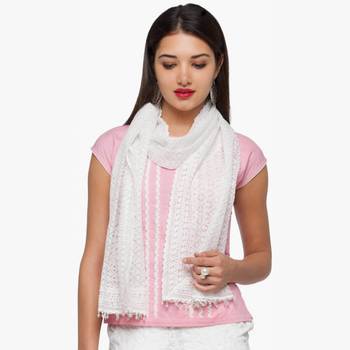White rayon embroidered stole for women 1