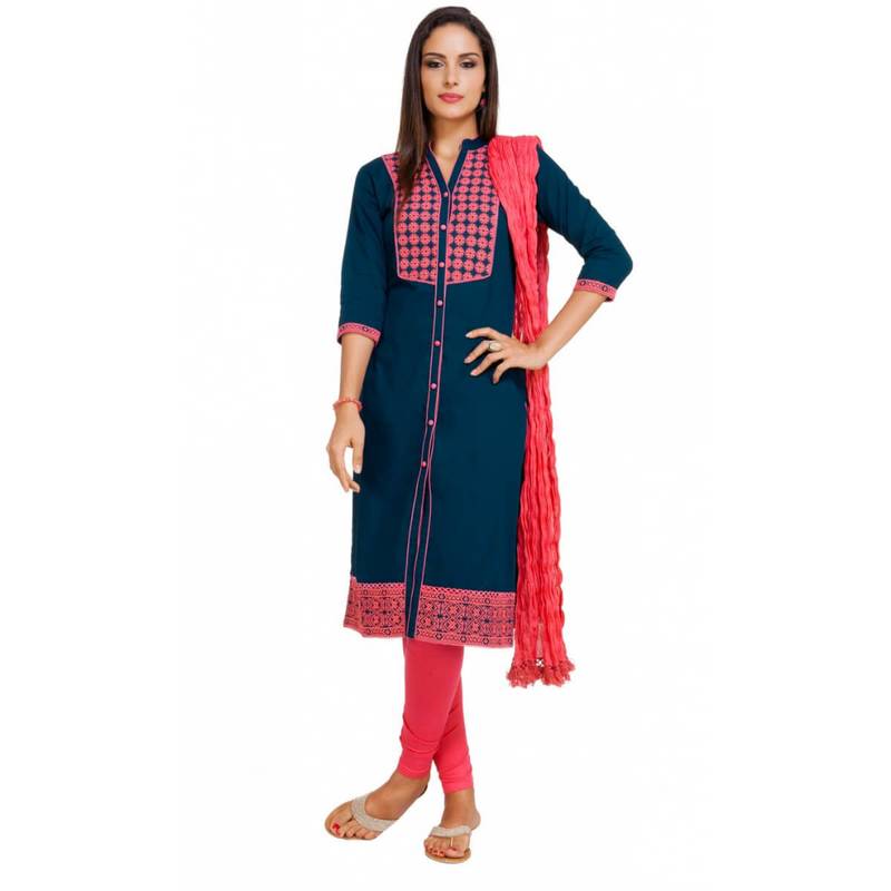 Navy Cap Sleeve Kurta and Churidar Unstitched Set For Women's