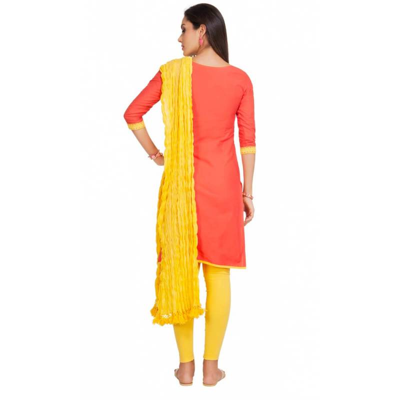 Coral Cap Sleeve Kurta and Churidar Unstitched Set For Women
