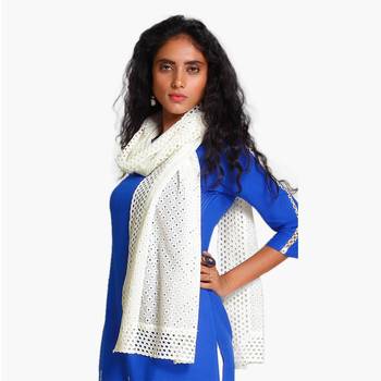 Off white schiffli embroidered stole for women 1