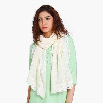 Off white schiffli embroidered stole for women 1