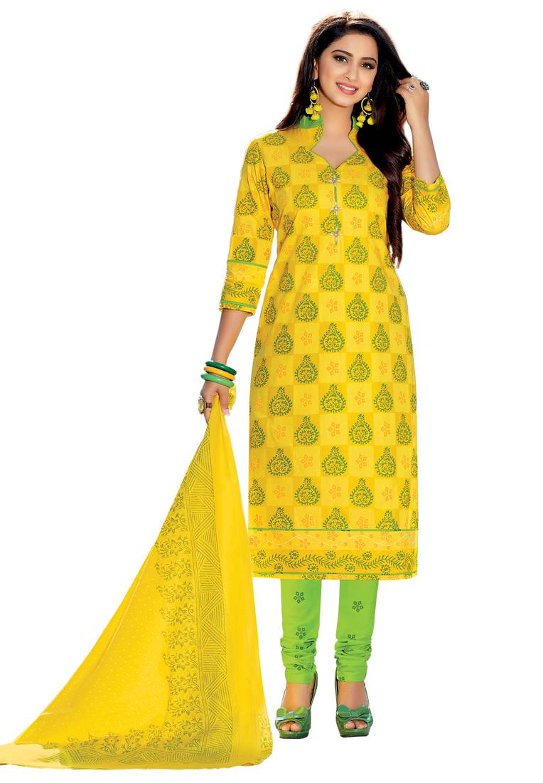 Yellow And Green Cotton Printed Dress Material With Dupatta Om