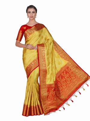 Yellow woven art silk saree with blouse 2