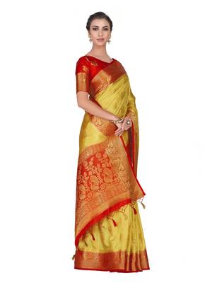Yellow woven art silk saree with blouse 3