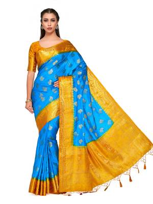 Turquoise Woven Art Silk Saree With Blouse 2