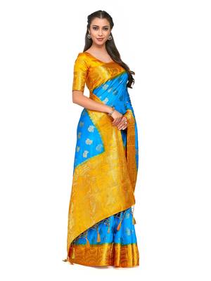 Turquoise Woven Art Silk Saree With Blouse 3