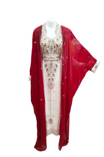 Red and white georgette embroidered islamic wedding kaftan