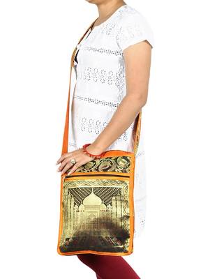 Lal Haveli Indian Taj Mahal Art Work Silk Jhola Boho Bag Christmas Gift 10 X 15 inches 2