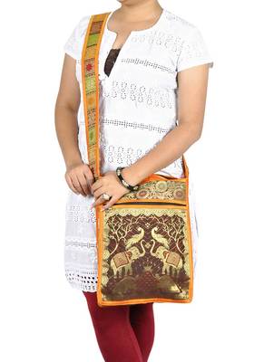 Lal Haveli Rajasthani Handmade Peacock & Elephant Work Design Cross Body Silk Sling Bag 1