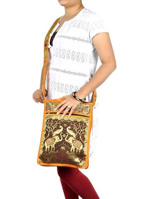 Lal Haveli Rajasthani Handmade Peacock & Elephant Work Design Cross Body Silk Sling Bag 2