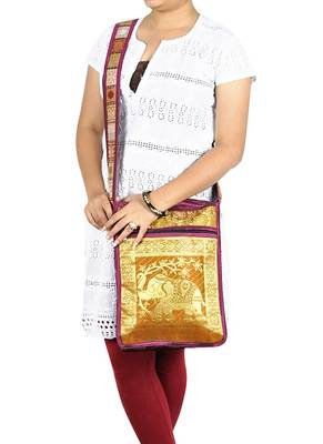 Lal Haveli Jacquard Silk Elephant Work Design Boho Tote Bag for Women 10 X 15 inches 1