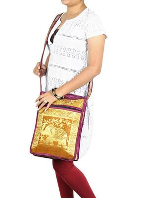 Lal Haveli Jacquard Silk Elephant Work Design Boho Tote Bag for Women 10 X 15 inches 2