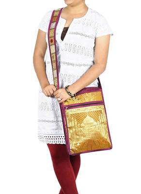 Lal Haveli Handmade Taj Mahal Work Design Jacquard Silk Bag for Women's 10 X 15 inches 1