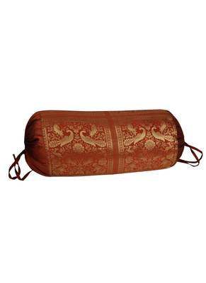 Lal Haveli Traditional Handmade Elephant Work Design Silk Round Bolster Cushion Cover 30 X 15 inches 2