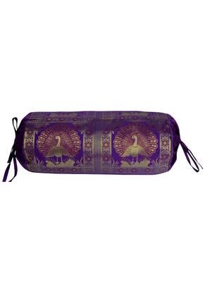 Peacock Work Design Silk Bolster Cover 30 X 15 Inches 1