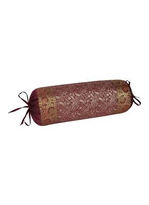 Lal Haveli Maroon Color Handmade Paisley Design Silk Bolster Pillow Cover 30 x 15 Inch 2