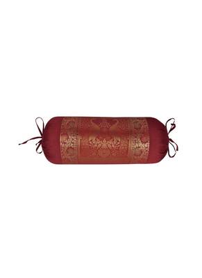 Lal Haveli Peacock Design Maroon Silk Bolster Pillow Cover Sofa Decorations 30 x 15 Inch 1