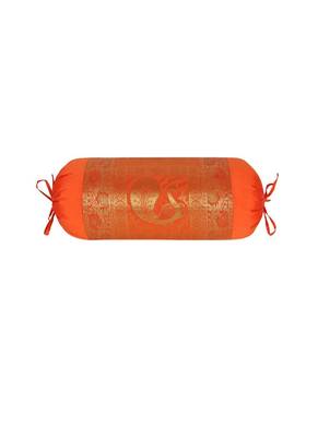 Lal Haveli Handmade Peacock Design Orange Color Round Silk Bolster Cushion Cover 30 x 15 Inch 1