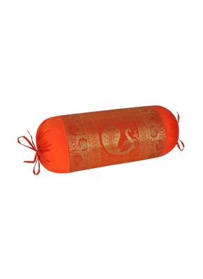Lal Haveli Handmade Peacock Design Orange Color Round Silk Bolster Cushion Cover 30 x 15 Inch 2