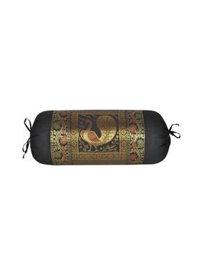 Lal Haveli Rajasthani Handmade Peacock Design Black Color Home Decor Silk Bolster Cushion Cover 30 x 15 Inch 1