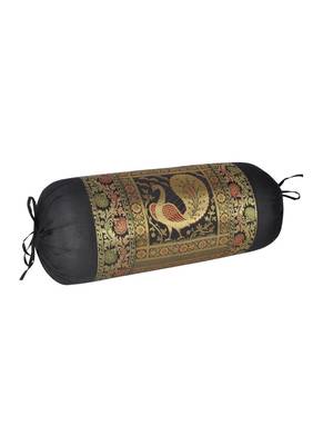 Lal Haveli Rajasthani Handmade Peacock Design Black Color Home Decor Silk Bolster Cushion Cover 30 x 15 Inch 2