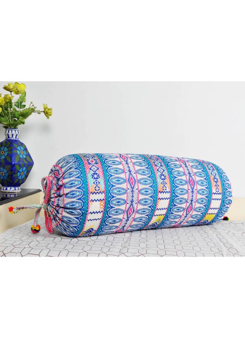 Lal Haveli Blue Round Handloom Designer Bolster Pillow Cover for Diwan Bed 30 x 15 inch