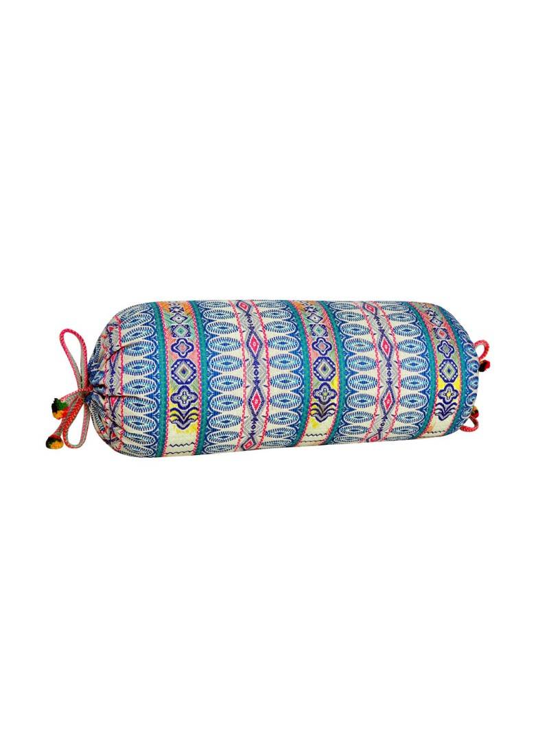 Lal Haveli Blue Round Handloom Designer Bolster Pillow Cover for Diwan Bed 30 x 15 inch