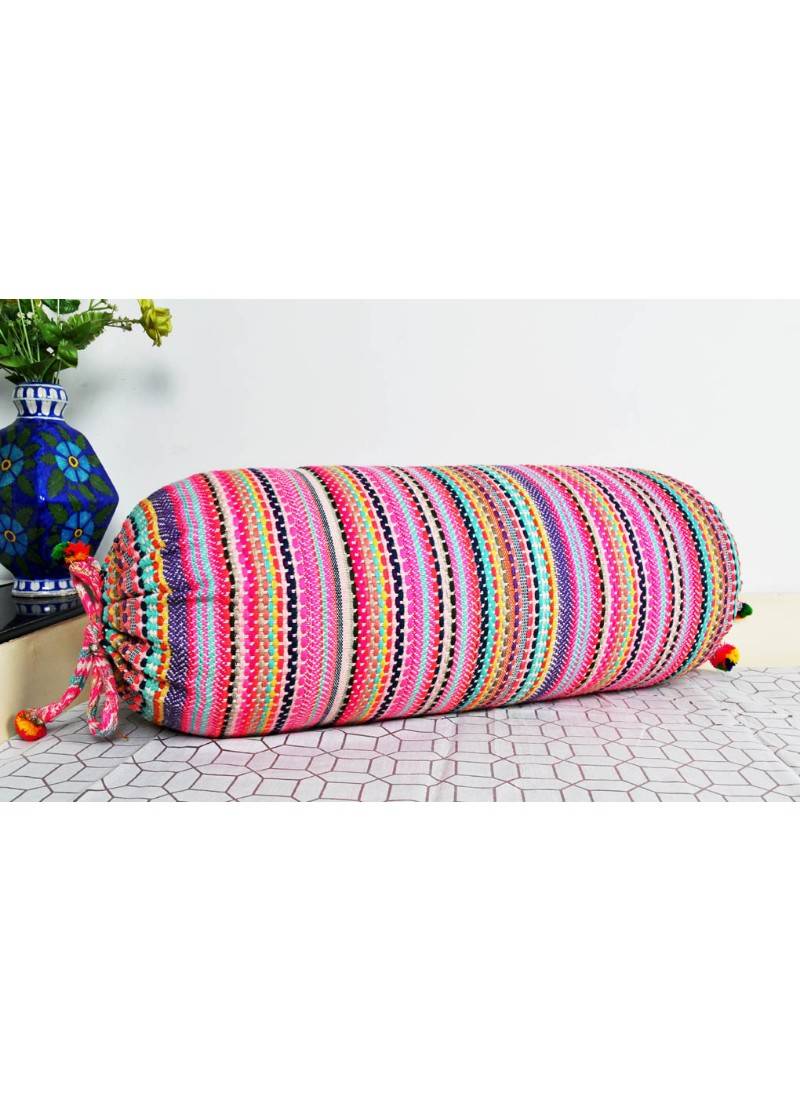 Lal Haveli Handmade Designer Pink Color Round Bolster Pillow Cushion Cover 30 x 15 inch