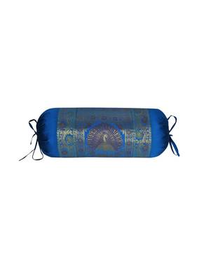 Lal Haveli Silk Fabric Handmade Peacock Design Bolster Cover Turquoise Color 30 x 15 Inch 1
