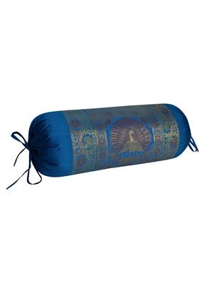 Lal Haveli Silk Fabric Handmade Peacock Design Bolster Cover Turquoise Color 30 x 15 Inch 2