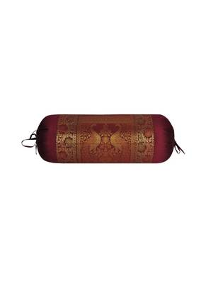 Lal Haveli Round Roll Silk Designer Decorative Peacock Design Bolster Cover Maroon Color 30 x 15 Inch 1