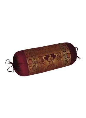 Lal Haveli Round Roll Silk Designer Decorative Peacock Design Bolster Cover Maroon Color 30 x 15 Inch 2
