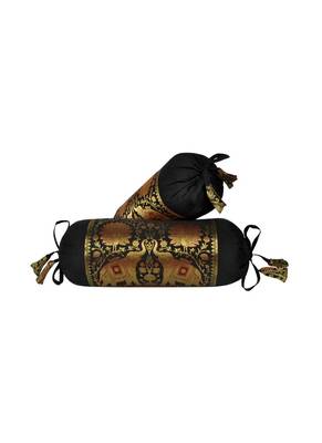 Lalhaveli Elephant Design Silk Bolster Pillow Cushion Covers (18 x 8 inch, Black)- Set of 2 Pcs 1