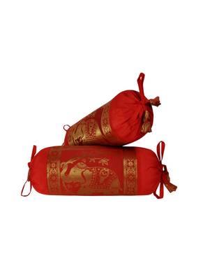 Lal Haveli Living Room Decoration Elephant Design Silk Red Color Bolster Cushion Cover 18 x 8 inch Set of 2 1