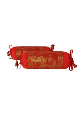 Lal Haveli Living Room Decoration Elephant Design Silk Red Color Bolster Cushion Cover 18 x 8 inch Set of 2 2