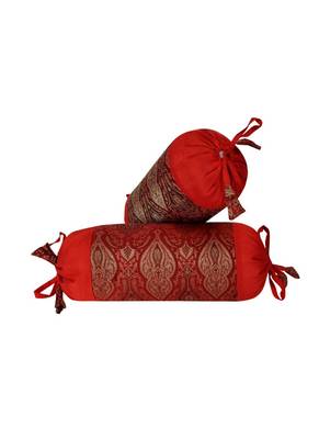 Lal Haveli Designer Round Shape Red Silk Bolster Pillow Cover for Home Decor 18 x 8 inch Set of 2 1